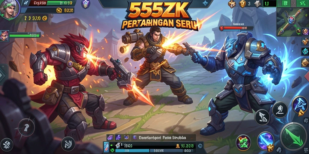 Screenshot 555ZK menampilkan aksi seru dalam pertempuran MOBA.
