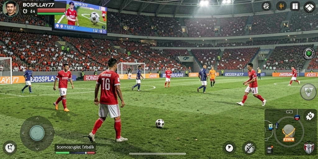 Screenshot utama BOSPLAY77 menunjukkan aksi seru pertandingan sepak bola.