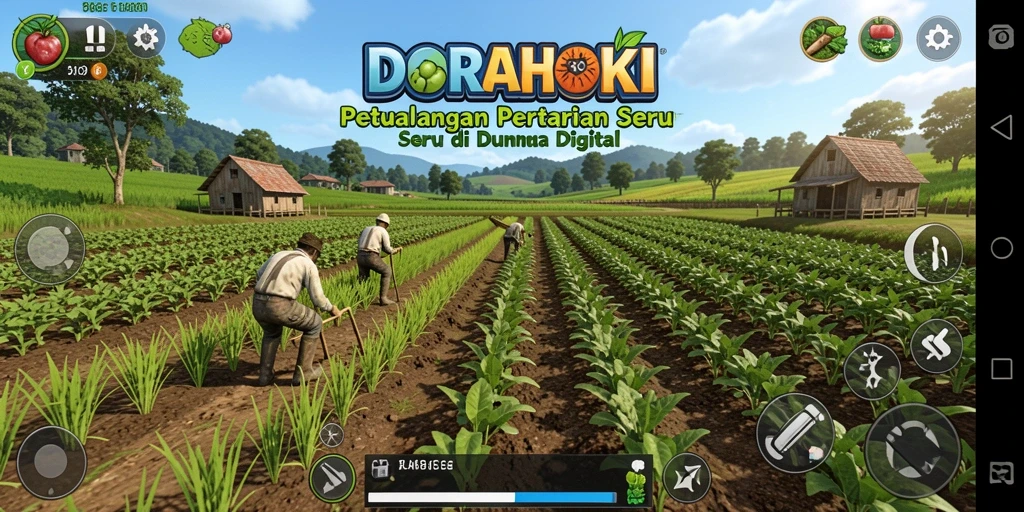 Tampilan gameplay DORAHOKI yang menunjukkan aktivitas bertani.