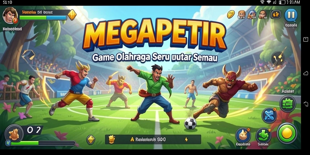 Screenshot utama MEGAPETIR menampilkan aksi seru dalam permainan olahraga.