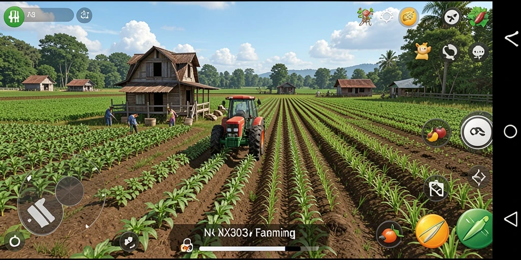 Tangkapan layar gameplay NX303 yang menunjukkan aktivitas bertani seru.